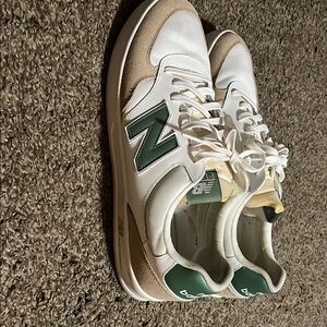 Stylish White and Green Sneakers with Tan Details